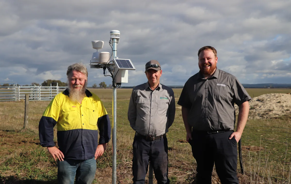 Bruce from Green Brain, and Limestone Coast Landscape Board Officers Alan Robins and Matt Hay stand beside a newly installed automatic weather station.