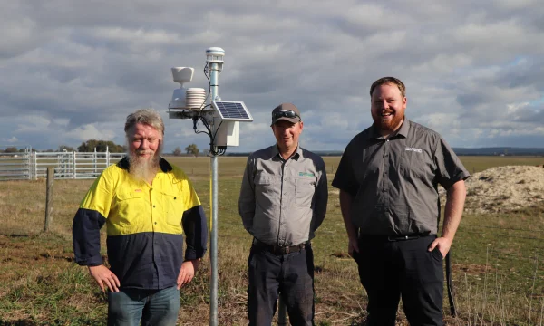 Bruce from Green Brain, and Limestone Coast Landscape Board Officers Alan Robins and Matt Hay stand beside a newly installed automatic weather station.